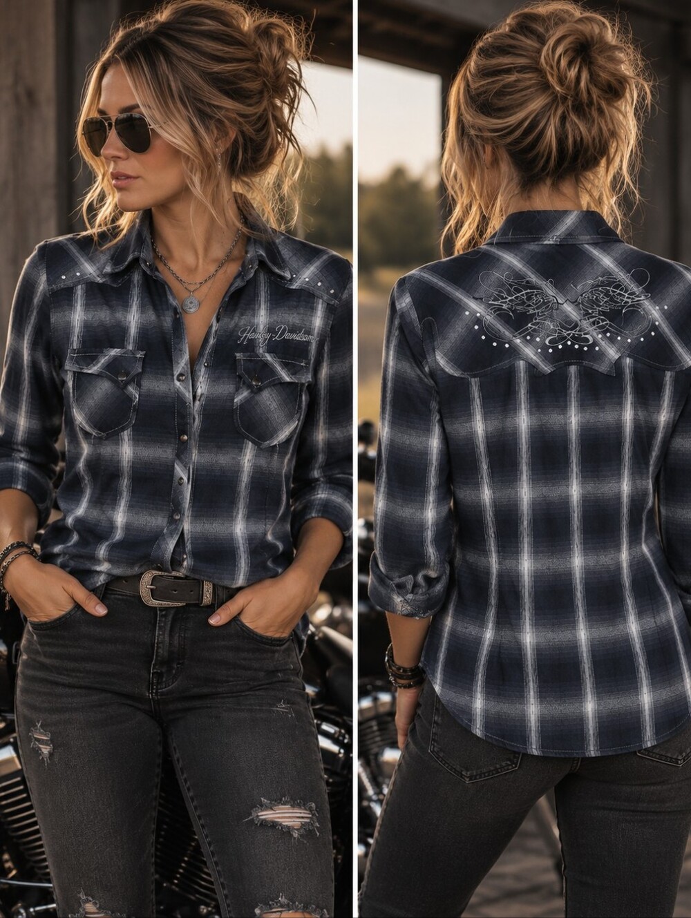 Harley-Davidson Black Label Rhinestone Black Plaid Western Shirt Size M